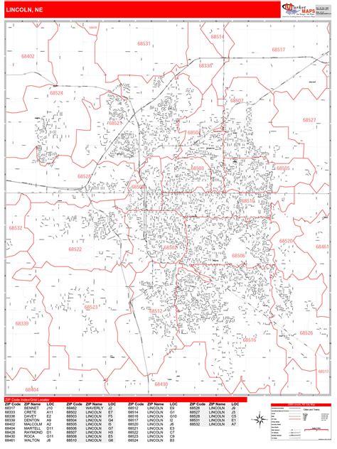 Lincoln Nebraska Zip Code Wall Map Red Line Style By Marketmaps