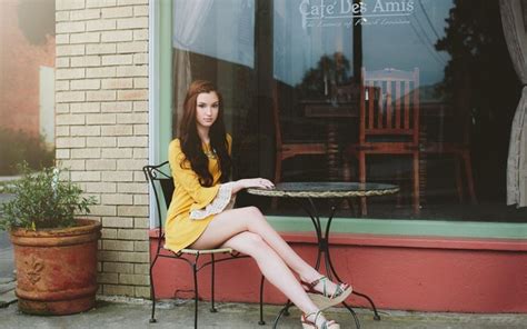 Women Model Brunette Red Sitting Bricks Table Dress Fashion Yellow Dress Cafes Spring