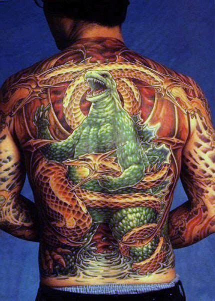 Huge Godzilla On Back Detailed Tattoo For Man Body Suit Tattoo Hip