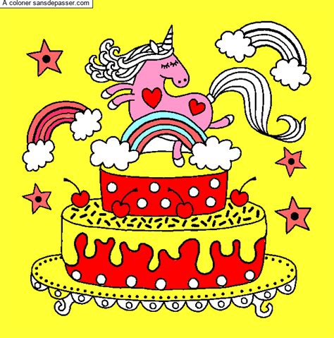 Coloriage Gâteau d'anniversaire Licorne  Sans Dépasser