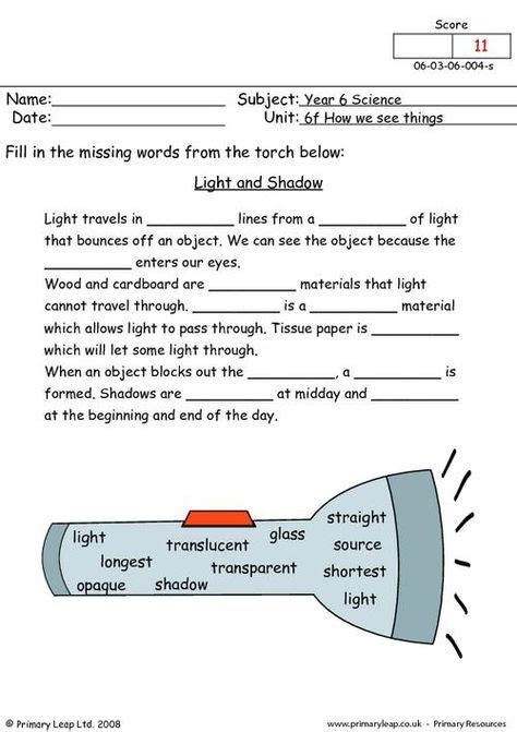 Free education worksheets for kids. PrimaryLeap.co.uk - Light and shadow Worksheet | Science worksheets, Light science, 4th grade ...