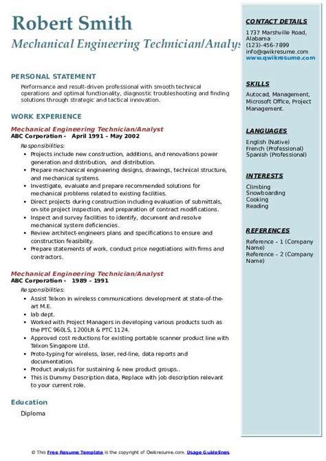 Especially adept at developing and. Mechanical Engineering Technician Resume Samples | QwikResume