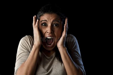 Close Up Portrait Young Attractive Latin Woman Screaming Desperate Screaming In Primal Fear