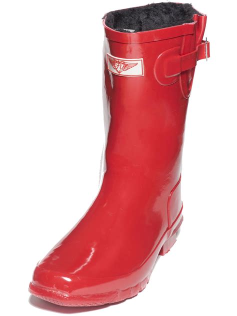 Forever Young Women Mid Calf Faux Fur Lined Red 11 Inch Rubber Rain