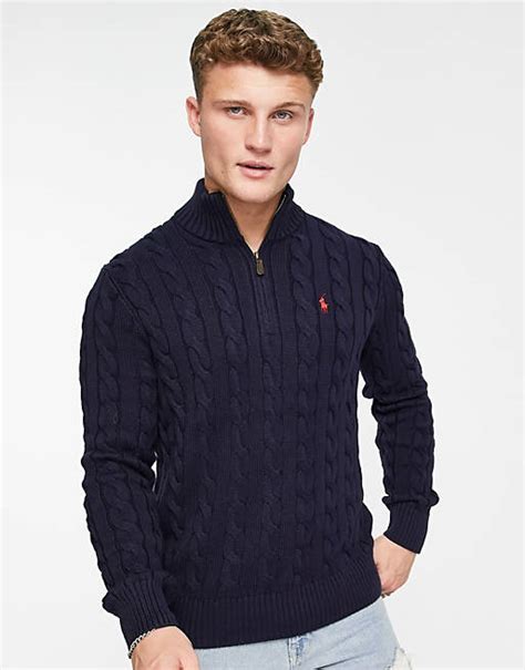 Polo Ralph Lauren Icon Logo Half Zip Cotton Cable Knit Jumper In Navy