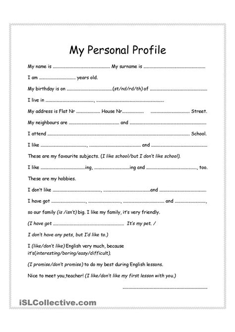 My Personal Profile Writing Sentences Worksheets Job Resume Examples