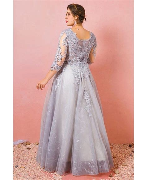 Custom Grey Modest Round Neck Lace Formal Dress With Tulle Sleeves Plus