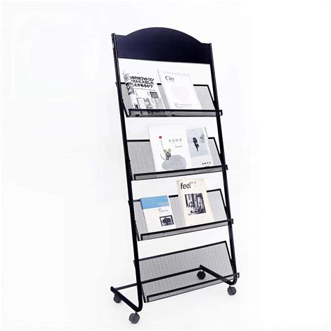 Buy Floor Standing Magazine Rack 4 Layer Iron Wheeled Newspaper Rack