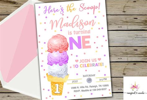 Heres The Scoop Ice Cream 1st Birthday Invitation Girl Etsy