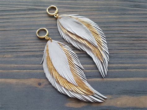 White Leather Feather Earrings Long Dangle Bohemian Earrings White And Gold Feather Earrings