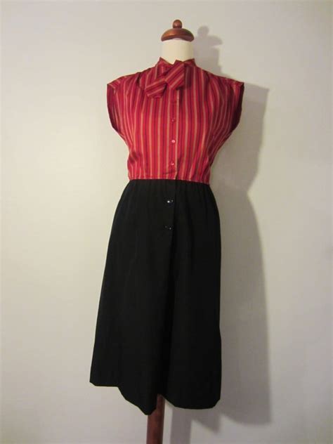 80s Striped Ascot Shirtwaist Dress By Leslie Fay S M Vintage