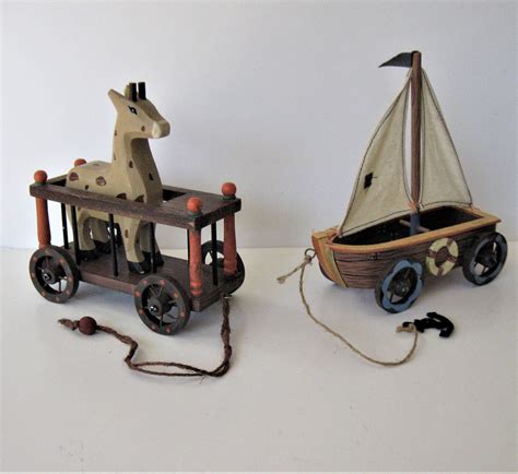 2 Vintage Wood Pull Toys Sailboat Giraffe In Cage Country Etsy