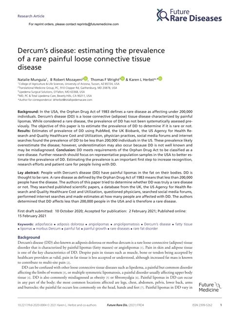 Pdf Dercums Disease Estimating The Prevalence Of A Rare Painful