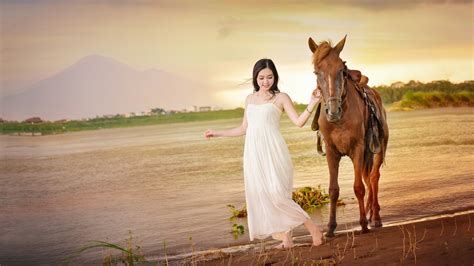Wallpaper Women Outdoors Model Water Horse Asian White Dress
