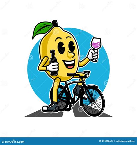 Lemon Cartoon Character Riding Bicycle With Bottle And A Glass Of Wine