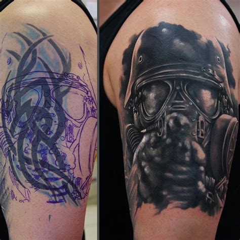 Simple Biochemical Soldier Cover Up Tattoo With Colourful Ink For Man