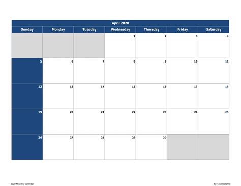 Download 2020 Monthly Calendar Sun Start Excel Template Exceldatapro