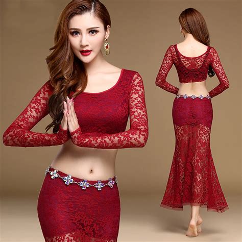 New Fashion Lace Long Sleeve O Neck Sexy Belly Dance Top Skirt 2pcs Set For Women Female Vogue