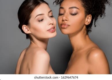 Portrait Naked Multicultural Women Perfect Skin Stock Photo