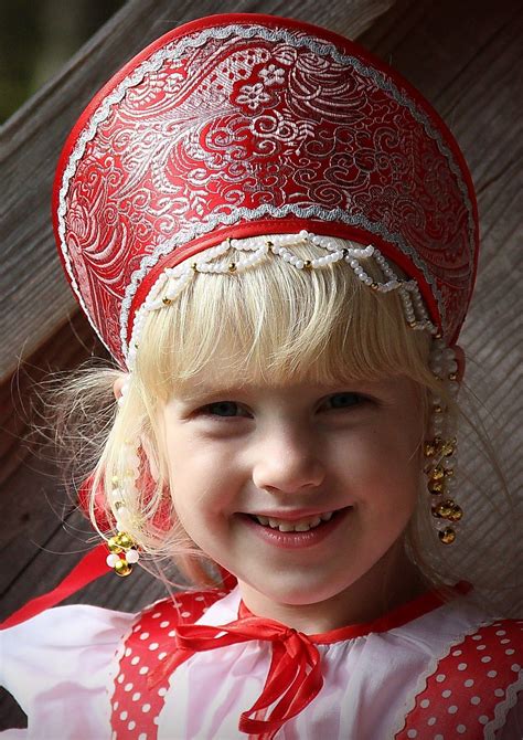 Little Russian Girl In Traditional Headdress Kokoshnik Cute Kids