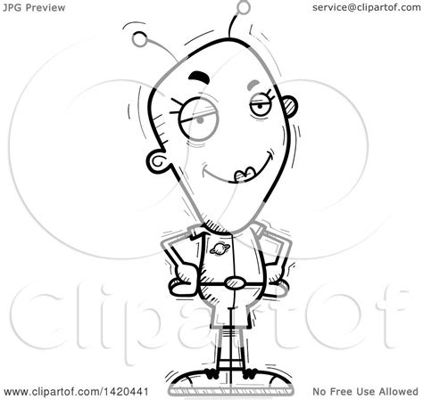 Clipart Of A Cartoon Black And White Lineart Doodled Confident Female
