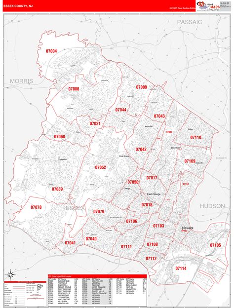 Essex County Nj Zip Code Wall Map Red Line Style By Marketmaps Mapsales