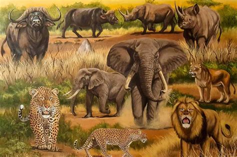 Big Five Oil Painting Lion Leopard Buffalo Elephant Rhino