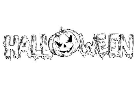 Halloween text to print & color with a pumpkin replacing the 'O', From