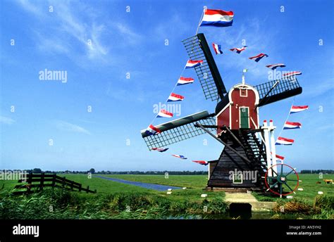 Windmill Near Leiden Oude Ade Warmond De The Kaag Dutch Flag Windmill Netherlands Holland Stock