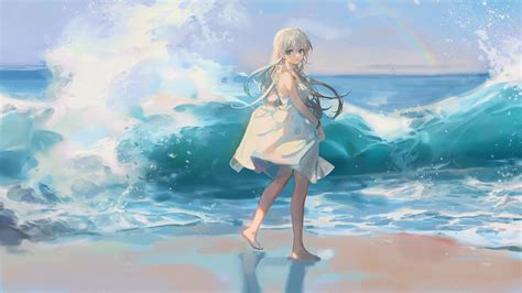 Water Rainbows Beach Long Hair White Hair Blue Eyes Sun Dress Barefoot