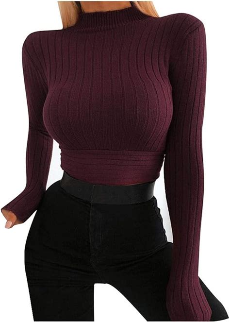 Gym Big Boobs Turtleneck Crop Sweaters Lacing Knitted Pullover Long