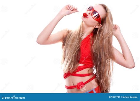Woman In A Red Dress With The Glasses Stock Image Image Of Laughing Gown 9071741