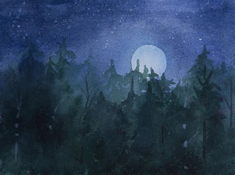 Moon Setting Over Forest Painting By Debbie Homewood