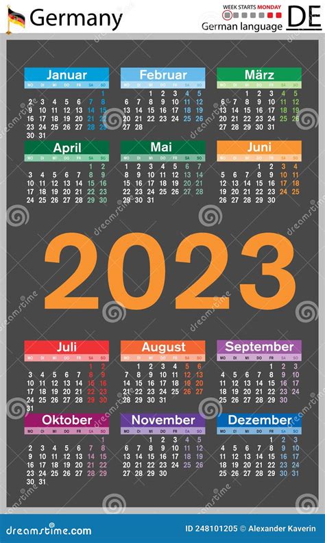 German Vertical Pocket Calendar For 2023 Week Starts Monday Stock