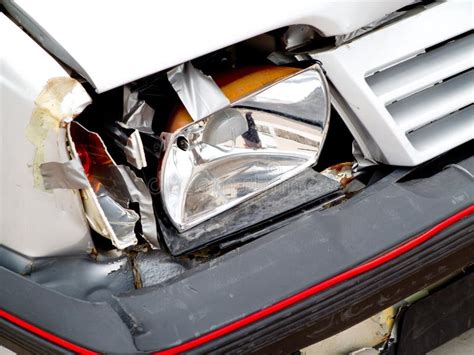 Broken Front Headlight On White Car Stock Image Image Of Broken