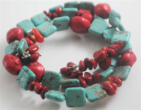 Red Dyed Turquoise Blue Turquoise And Coral Bracelet On Memory Wire