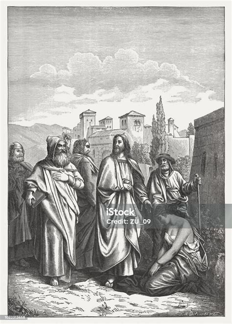 Jesus And The Adulteress Wood Engraving Published In 1888 Stock