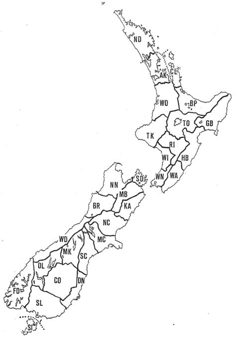 Map Of New Zealand With Regional Subdivisions Used In The Checklist