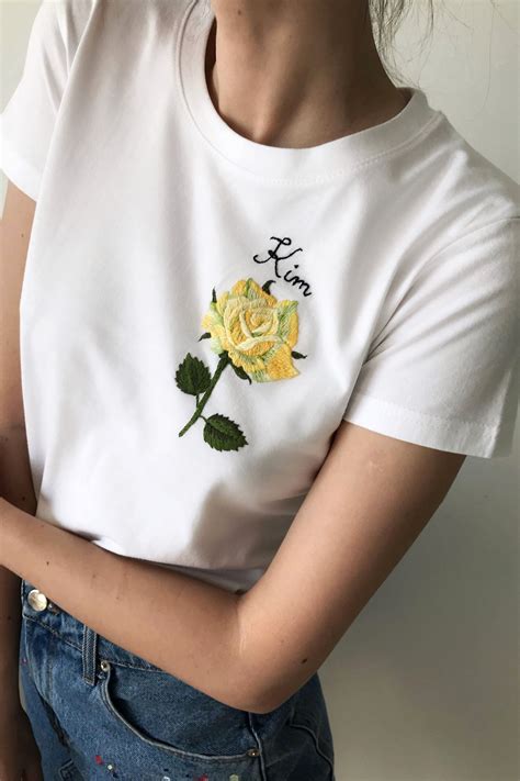 Mothers Day Rose Hand Embroidered T Shirt Unusual Floral Embroidery Shirt Birth Month