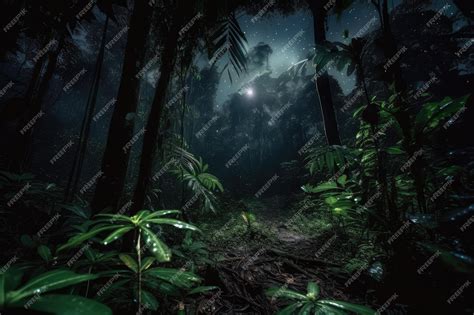 Premium Ai Image Dark Rainforest At Night With Only The Twinkling Of