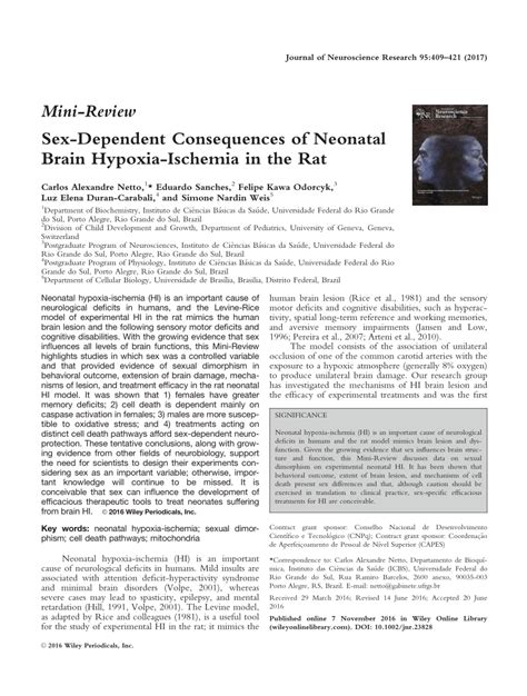 Pdf Sex Dependent Consequences Of Neonatal Brain Hypoxia Ischemia In The Rat Sex Differences
