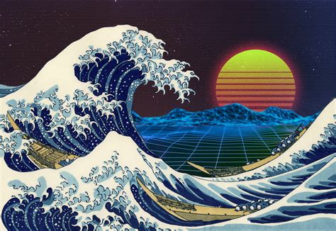 Retrowave Retro Style Sea Waves Sunset Purple