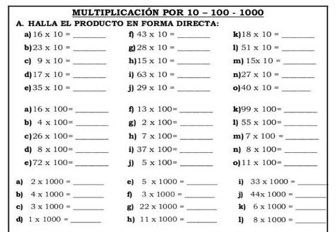 MULTIPLICAÇÃO 10 100 E 1000 Matemática