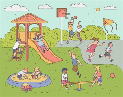 Children Playing In The Park Drawing Illustrations Royalty Free Vector