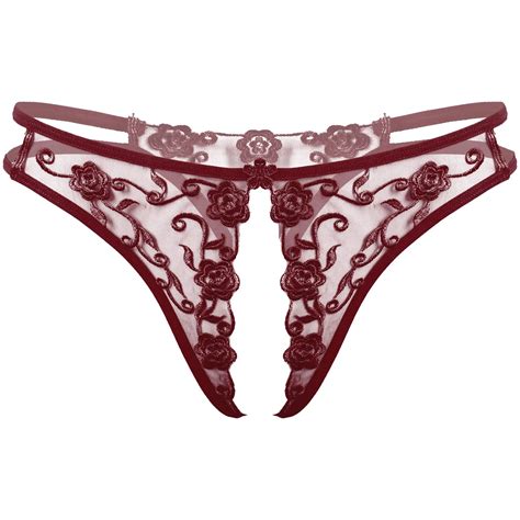 Womens Erotic Lingerie Open Crotch Underwear Flower Embroidery Crotchless Panties Low Waist See