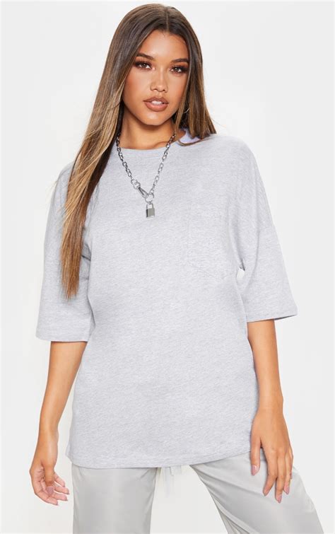 Grey Pocket Front Oversized T Shirt Tops Prettylittlething Usa