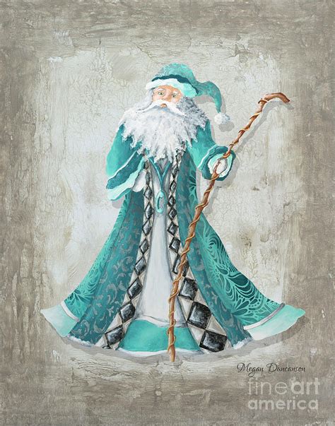 Old World Style Turquoise Aqua Teal Santa Claus Christmas Art By Megan