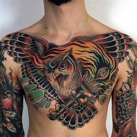 Neo Traditional Owl Chest Tattoo