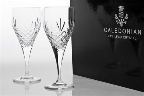 Caledonian Fully Cut 24 Lead Crystal White Wine Glasses X 2 In Presentation Box Uk