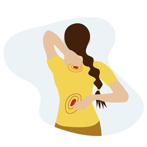 Dor nas costas mulher com dor no pescoço e nas costas conceito médico Vetor Premium